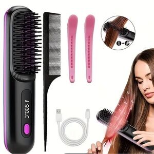 Portable Hair Straightening Brush - Black and Pink
